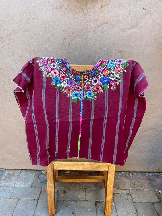 Handwoven Vintage Guatemalan Blouse, Burgundy Flor