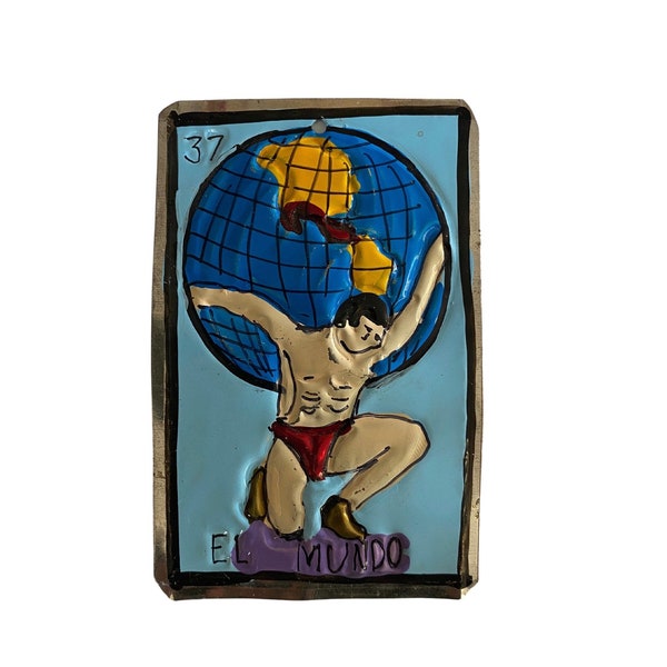 Rustic & Vintage Mexican Folk Art, El Mundo Loteria Tin Ornament, Mexican Bingo Decor