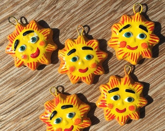 Handmade Vintage Guatemalan Folk Art, Colorful Bright Happy Sun Charms, Set of 5, Mixed Colors