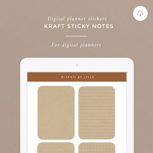 Peut inclure: Quatre autocollants numériques pour planificateur avec une texture de papier kraft. Les autocollants présentent différents motifs : uni, ligné, à pois et quadrillé.