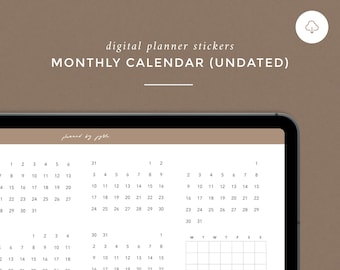 Puede incluir: Un conjunto de pegatinas para planificadores digitales con plantillas de calendario mensual. Las páginas del calendario están diseñadas con un diseño de cuadrícula simple e incluyen los días de la semana y los números para cada día del mes. Las pegatinas están diseñadas para ayudar a los usuarios a organizar sus horarios y realizar un seguimiento de su progreso.