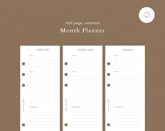 May include: A printable planner page with three columns for January, February, and March. Each column has space for top priorities, tasks, upcoming events, and a grid for notes.