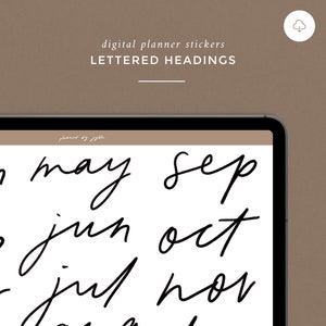 May include: Digital planner stickers with handwritten month names in black ink on a white background. The months are May, June, July, August, September, October, November, and December.