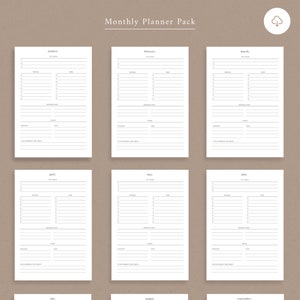 Monthly Planner Pack A6 Printable — Minimal Planner Printable Insert, Monthly Goals, Monthly Review, Month Overview, Month At A Glance