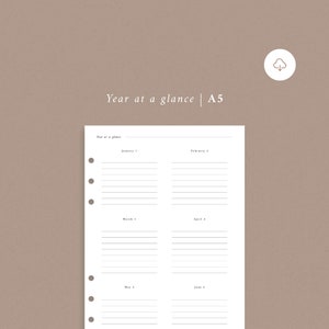 May include: A printable A5 year at a glance planner with a simple design. The planner is divided into six sections, one for each month, with lines for writing notes and appointments.