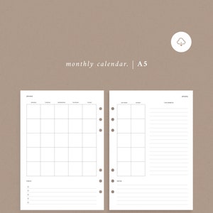 Undated Monthly Calendar A5 Planner Printable — Month on 2 Pages, 2 page spread, Minimal Printable Insert | INSTANT DIGITAL DOWNLOAD