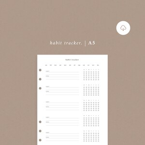 May include: A black and white printable habit tracker with a quote by Aristotle: "We are what we repeatedly do. Excellence, then, is not an act, but a habit." The tracker includes a calendar for each month of the year and space to list habits and goals.