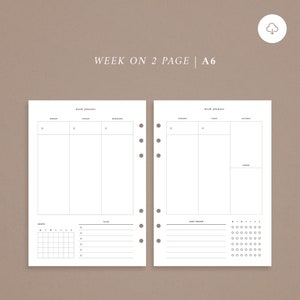May include: A black and white printable planner with the text "WEEK ON 2 PAGE | A6" and "PLANNED BY JYSLA". The planner is designed for a week on two pages and includes a monthly calendar, to-do list, habit tracker, and space for notes.