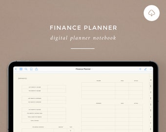 May include: A digital finance planner on a tablet screen. The planner includes sections for income, expenses, savings goals, and recurring expenses. The planner is titled "Finance Planner" and the month is January.