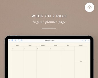 May include: A digital planner page on a tablet screen, showing a weekly layout with sections for Monday through Sunday, a to-do list, and a monthly calendar. The page is titled "Week On 2 Page".
