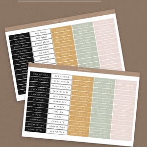 Puede incluir: Una lista de verificaci&oacute;n imprimible con 5 secciones de diferentes colores, cada una con una lista de tareas para administrar una tienda en l&iacute;nea. Las tareas incluyen "Nueva lista", "Actualizaci&oacute;n de la tienda", "Fotos de productos", "Empaquetado de pedidos", "Env&iacute;o de pedidos", "Inventario", "Reabastecimiento", "Dise&ntilde;o", "Publicaci&oacute;n de IG", "Comentarios", "Contabilidad" y "Bolet&iacute;n".