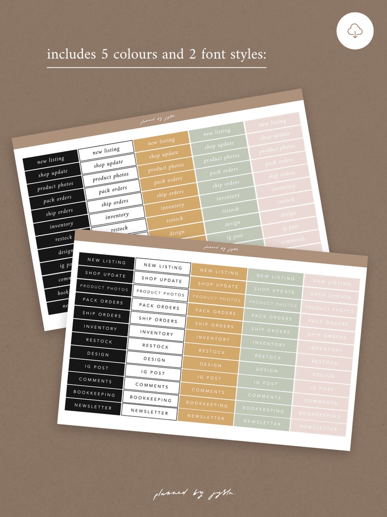 Puede incluir: Una lista de verificaci&oacute;n imprimible con 5 secciones de diferentes colores, cada una con una lista de tareas para administrar una tienda en l&iacute;nea. Las tareas incluyen "Nueva lista", "Actualizaci&oacute;n de la tienda", "Fotos de productos", "Empaquetado de pedidos", "Env&iacute;o de pedidos", "Inventario", "Reabastecimiento", "Dise&ntilde;o", "Publicaci&oacute;n de IG", "Comentarios", "Contabilidad" y "Bolet&iacute;n".