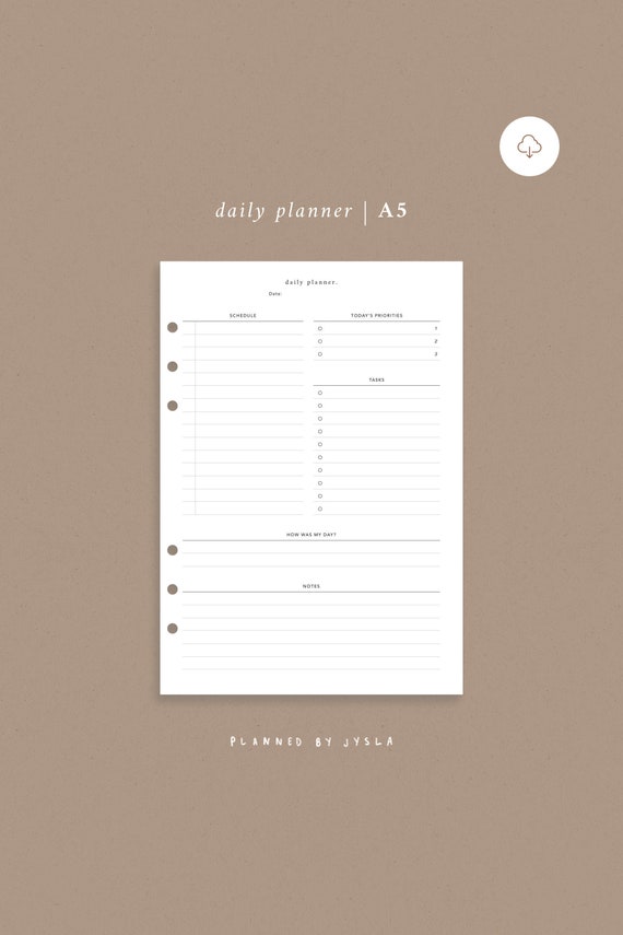 Daily Planner A5 Printable — Minimal Planner Printable Insert, Daily Todos, Daily Schedule, Daily Tasks | Instant Digital Download!