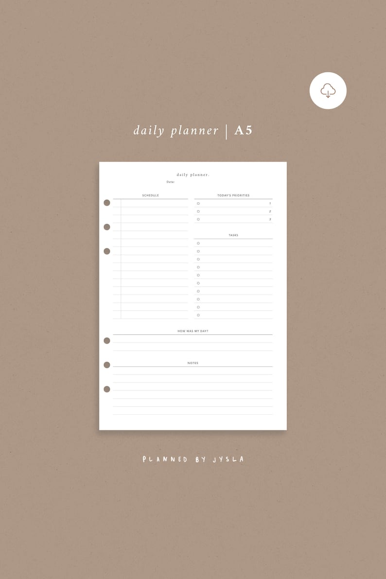 May include: A black and white daily planner with the text "daily planner | A5" at the top. The planner has sections for schedule, today's priorities, tasks, how was my day, and notes.
