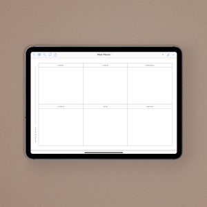 May include: A digital weekly planner on a tablet screen. The planner is divided into six sections, one for each day of the week, from Monday to Sunday. The days of the week are labeled at the top of each section.