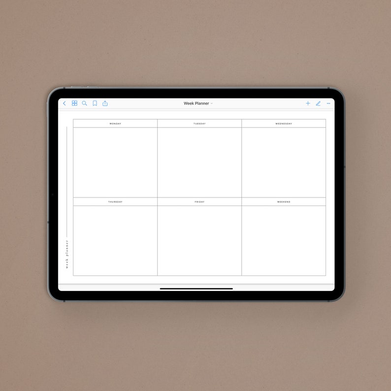 May include: A digital weekly planner on a tablet screen. The planner is divided into six sections, one for each day of the week, from Monday to Sunday. The days of the week are labeled at the top of each section.