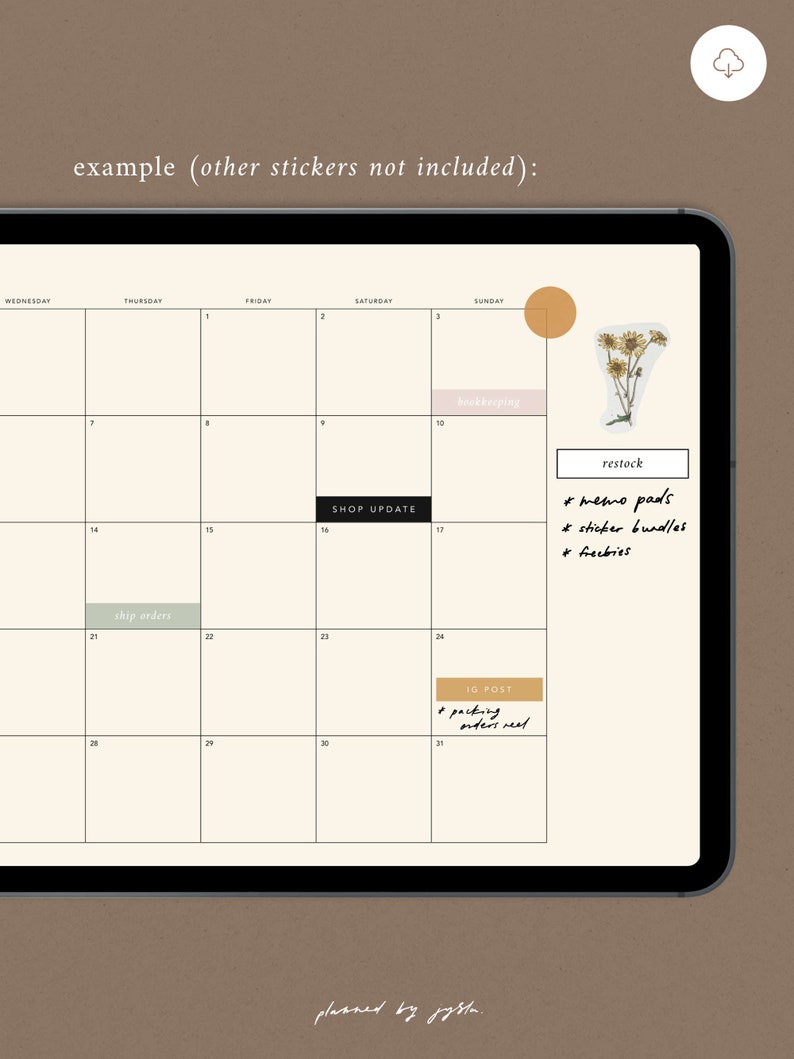 Puede incluir: Un calendario digital con fondo beige y l&iacute;neas de cuadr&iacute;cula negras. El calendario est&aacute; etiquetado con los d&iacute;as de la semana y los n&uacute;meros. Hay varias pegatinas en el calendario, incluida una pegatina que dice "Actualizaci&oacute;n de la tienda", una pegatina que dice "Reabastecimiento", una pegatina que dice "Enviar pedidos" y una pegatina que dice "Publicaci&oacute;n de IG".