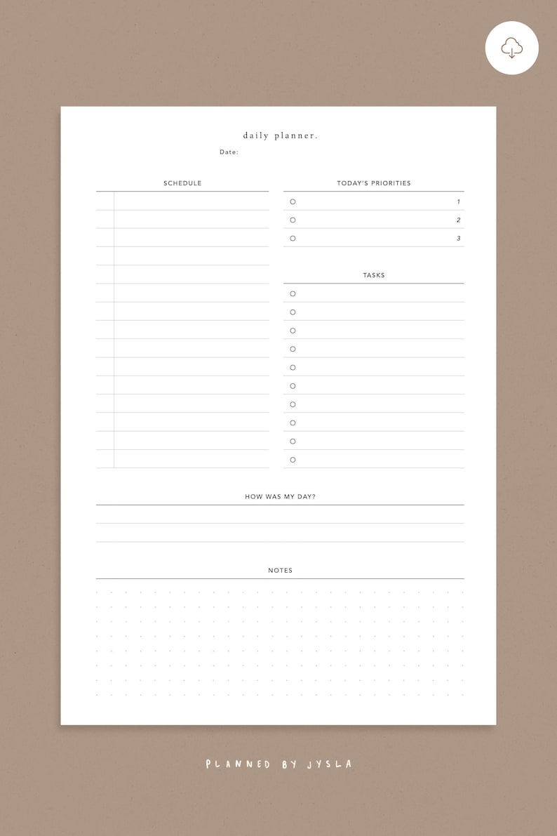May include: A white daily planner with a black header that says "daily planner." The planner has sections for schedule, today's priorities, tasks, how was my day, and notes.