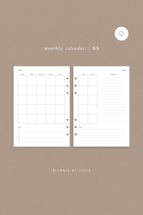 Undated Monthly Calendar A5 Planner Printable Month on 2 | Etsy