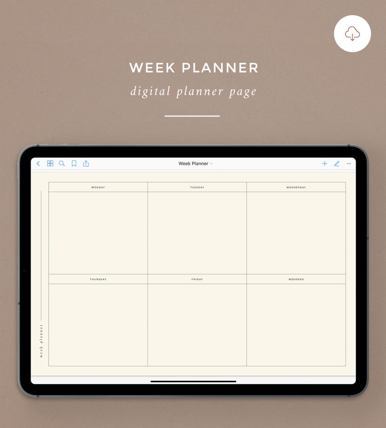 May include: A digital weekly planner on a tablet screen. The planner is divided into seven sections, one for each day of the week, with the days labeled Monday through Wednesday and then Thursday, Friday, and Weekend.