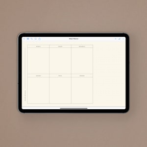 May include: A digital weekly planner app on a tablet screen. The app has a simple layout with days of the week listed across the top and a blank space for each day to write in tasks or appointments.