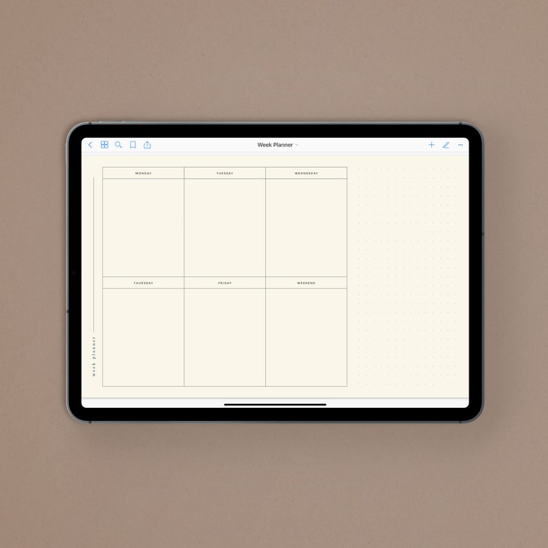 May include: A digital weekly planner app on a tablet screen. The app has a simple layout with days of the week listed across the top and a blank space for each day to write in tasks or appointments.