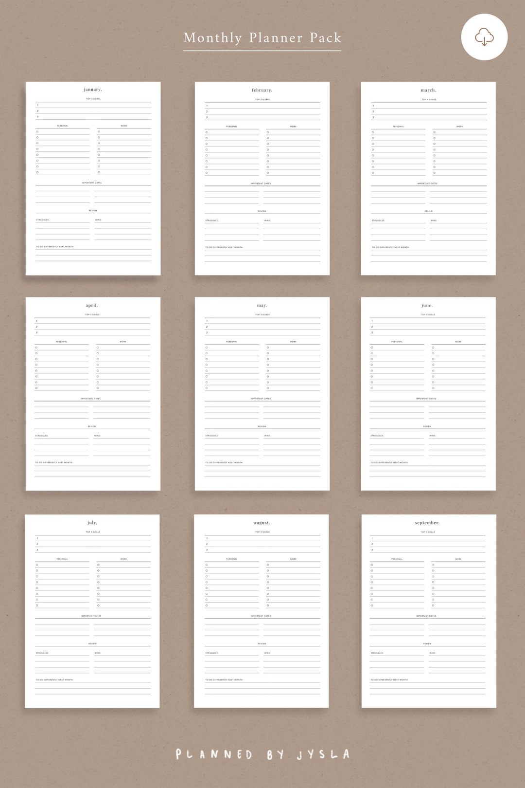 Monthly Planner Pack A6 Printable — Minimal Planner Printable Insert ...