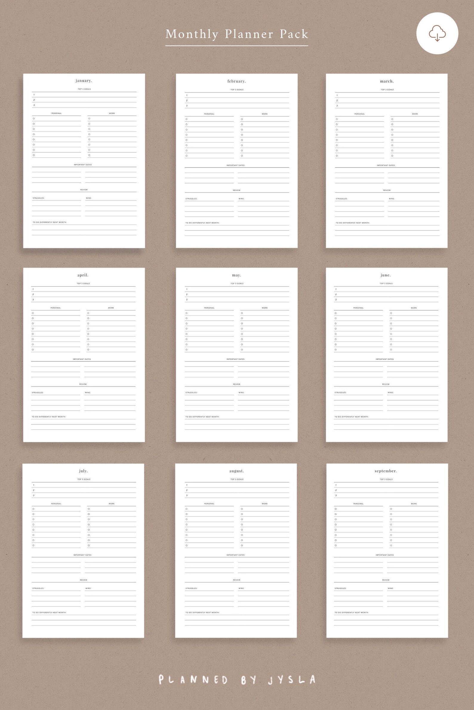 Monthly Planner Pack A6 Printable — Minimal Planner Printable Insert ...