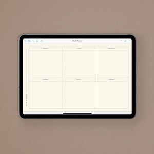 May include: A digital weekly planner on a tablet screen. The planner is divided into seven sections, one for each day of the week, with the days labeled at the top: Monday, Tuesday, Wednesday, Thursday, Friday, Saturday, and Sunday.