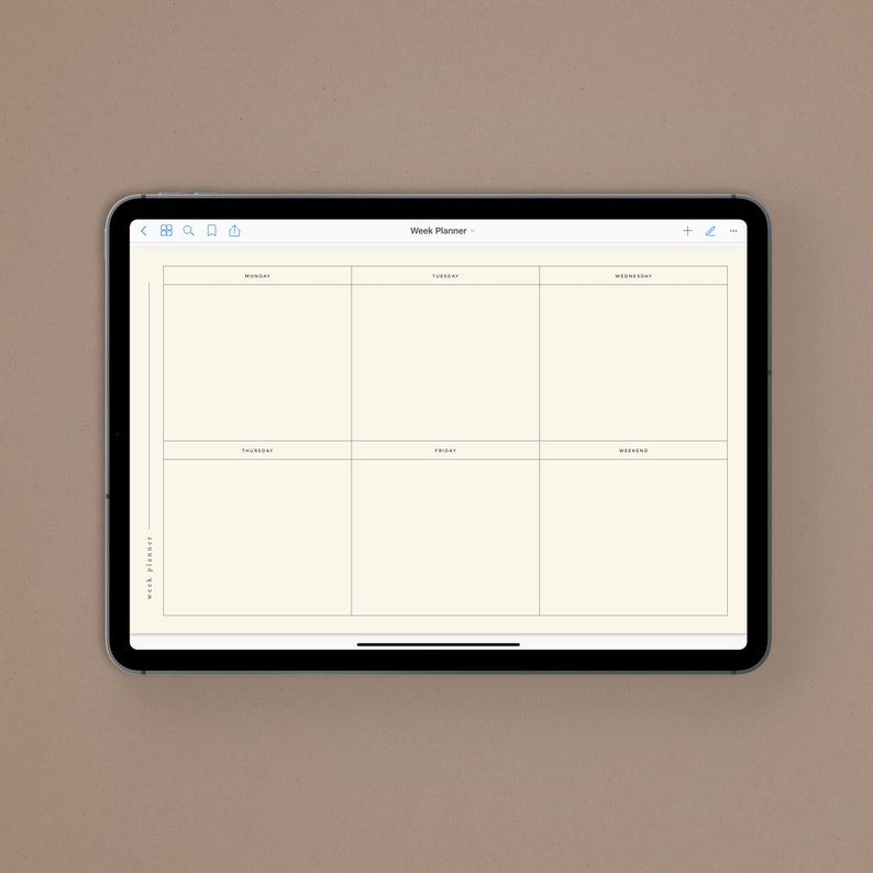 May include: A digital weekly planner on a tablet screen. The planner is divided into seven sections, one for each day of the week, with the days labeled at the top: Monday, Tuesday, Wednesday, Thursday, Friday, Saturday, and Sunday.