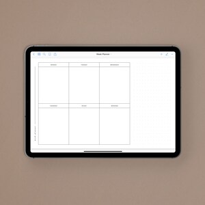 May include: A digital weekly planner app on a tablet screen. The app has a simple layout with days of the week listed across the top and a dotted grid for note-taking.