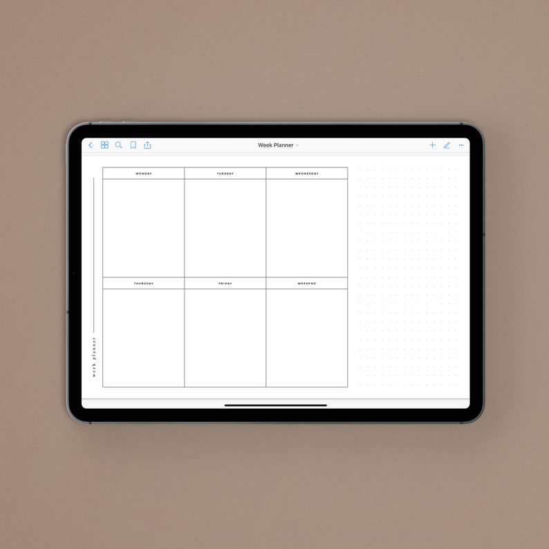 May include: A digital weekly planner app on a tablet screen. The app has a simple layout with days of the week listed across the top and a dotted grid for note-taking.