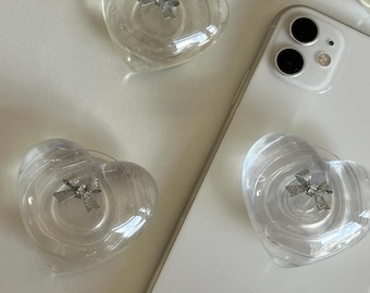 Clear Heart Phone Grip: Silver Bow Griptok, Coquette Y2K compatibile con MagSafe