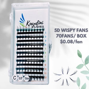 May include: A clear plastic container with 12 rows of black 5D wispy lash fans. The container is labeled "Kaydini Lashes" and "C 0.07 10mm Eyelash Extensions". The text "5D Wispy Fans 70Fans/Box $0.08/fan" is written in white on a light blue background.