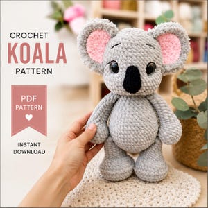 Koala virkmönster, PDF plyschleksaksmönster, enkel steg-för-steg-guide, Amigurumi vårleksak, engelskt PDF-mönster, virkad plyschdekoration