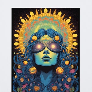 Póster psicodélico de luz negra, póster de diosa cósmica, arte hippie retro psicodélico de los años 70, decoración de pared reactiva a los rayos UV con estilo vintage
