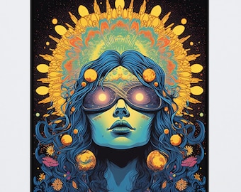 Psychedelic Cosmic Goddess Poster: Trippy 70s Retro vibrant Art