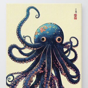 Blue and Red Octopus Tentacles Art Canvas Print: Beach Home Decor