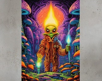 Alien Astronaut Encounter UV Blacklight Poster, Vibrant Cosmic Odyssey Psychedelic Space Wall Art Alien Abductions
