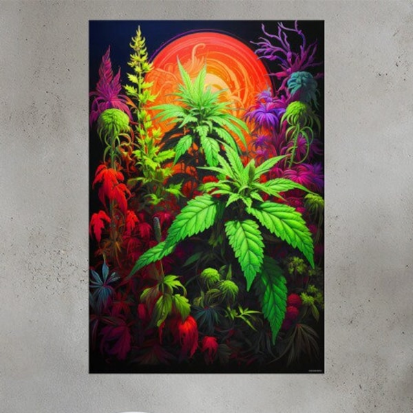 Vibrant Psychedelic Cannabis Garden Blacklight Poster - Glow-in-the-Dark Neon Wall Art of Cannabis flowers buds Poster Art