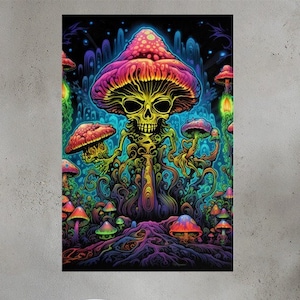 Psychedelic Skull Mushroom Blacklight Poster, Vintage Trippy Wall Art, Vibrant UV Reactive Decor