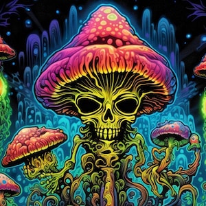 Enchanted Forest Mushroom & Skull Blacklight Poster – Psychedelic Wall Art Poster, Art Print Wakk Decir