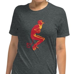 Cool Devil-T-shirt, Devil Laughing in rood en geel ontwerp op uniseks T-shirt met korte mouwen