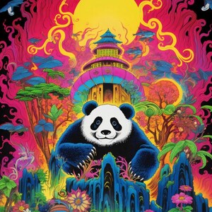 Süßes Psychedelisches Panda Poster: Verträumte Orientalische Landschaft