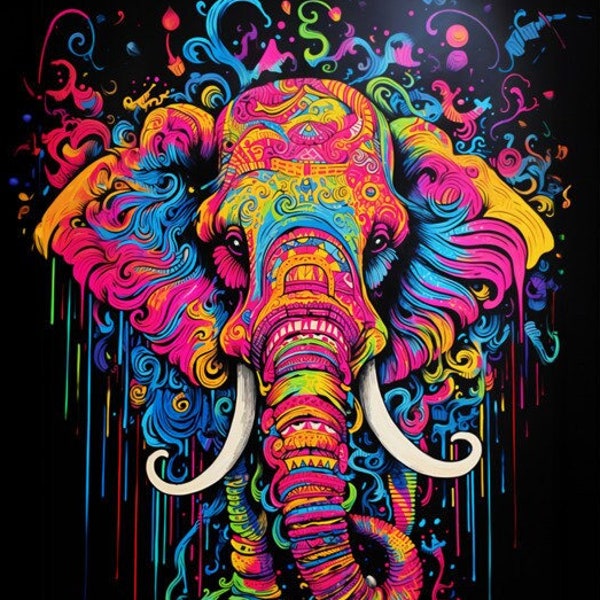 Psychedelic Elephant Blacklight Poster - Vibrant Neon Colors Wall Art, UV Reactive Large Print, Trippy Home Decor, Bohemian Room Accent