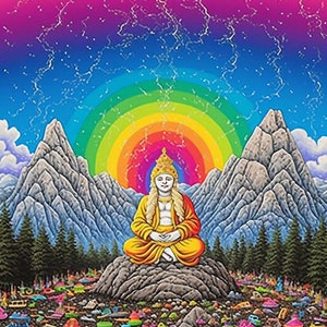 Vibrant Blacklight Poster: Meditative Buddha Amidst Colorful Toy Landscape Poster Art Decor