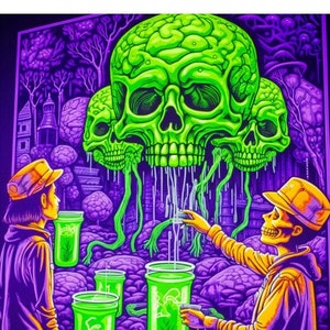 Neon Surreal Skull Blacklight Poster, Psychedelic Ritual, Vibrant Eerie Scene, Mysterious Beverage Illustration Poster