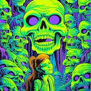 Neon Blacklight Skull Poster by Dang Waffle, Vibrant Psychedelic Visuals, Enigmatic Woman Amidst Eerie Figures