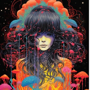 Mystical Woman Art Print: 70s Psychedelic Mushroom Poster