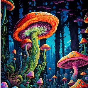 Poster Psychedelic Mushroom Forest Art: Vibrant Neon Landscape, Enchanting Nature Scene, Detailed Wall Decor by Dang Waffle